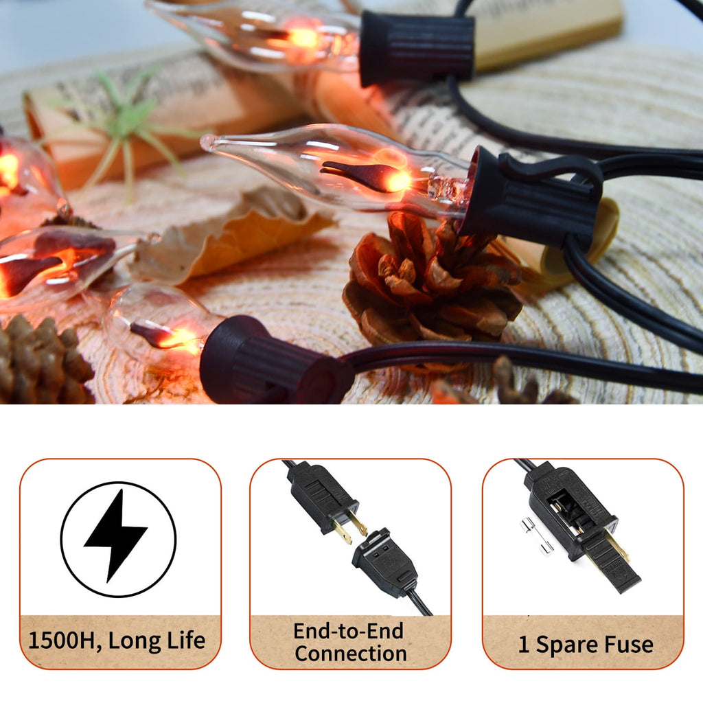 Halloween Lights Flickering Flame String Lights with 12 Pack C7 Orange Flame Light Bulbs (2 Spare), 12.8Ft Orange Flame String Lights for Indoor Outdoor Home Party Yard Halloween Decorations