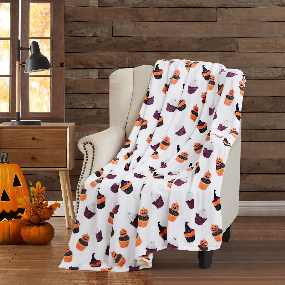 Serafina Home Halloween Throw Blanket: Fuzzy Boo! Jack O'Lantern Spider Webs Skull and Black Cats Print on Velvet Fleece for Sofa Bed Couch Chair Dorm