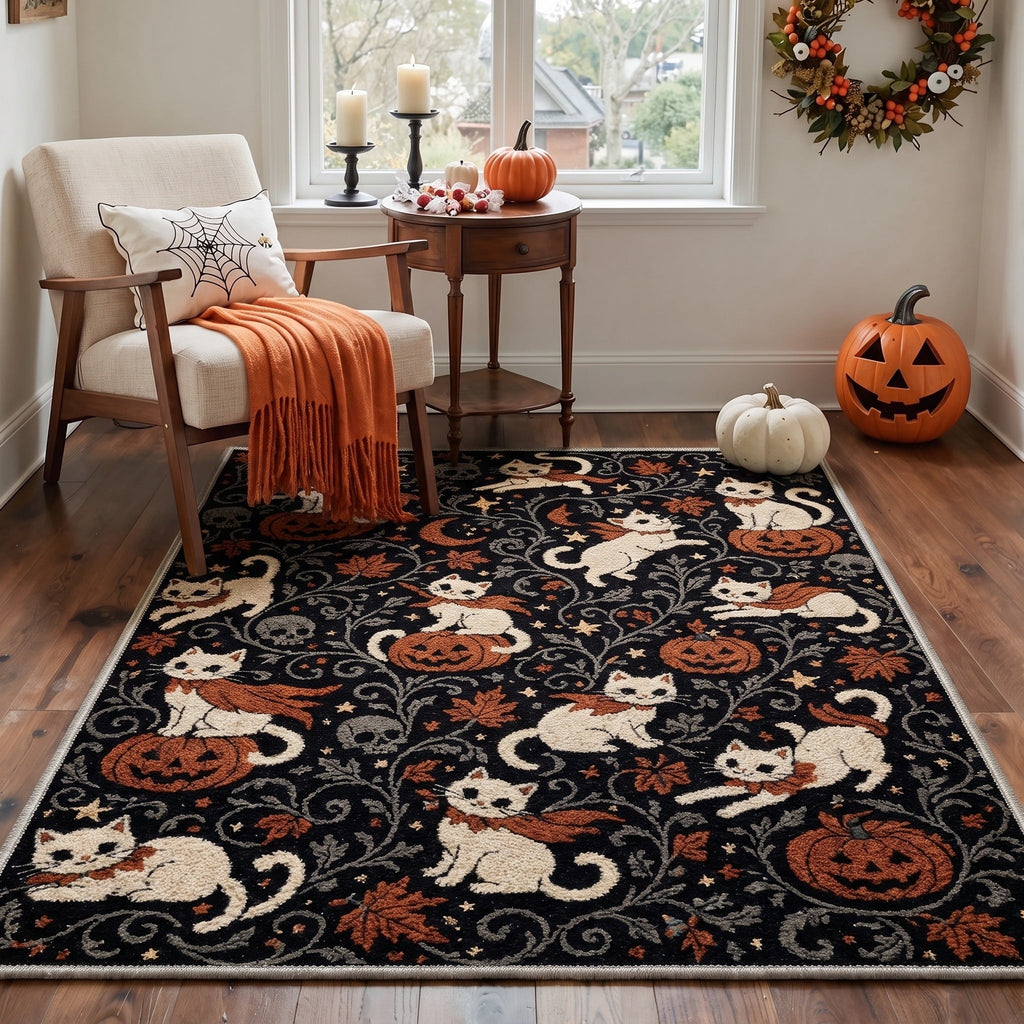 GENIMO 2'x7' Halloween Runner Rug, Washable Non Slip Soft Whimsical Skeleton Indoor Outdoor Hallway Runner for Porch Patio Kitchen Entryway, Charcoal Black