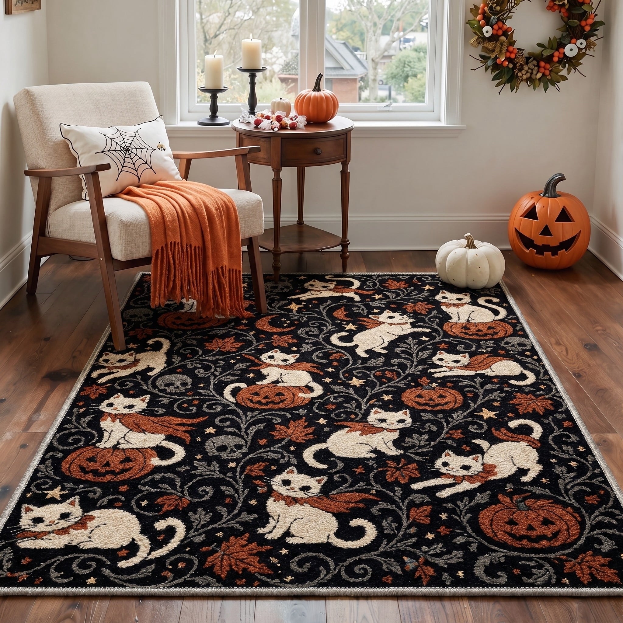 GENIMO 2'x7' Halloween Runner Rug, Washable Non Slip Soft Whimsical Skeleton Indoor Outdoor Hallway Runner for Porch Patio Kitchen Entryway, Charcoal Black