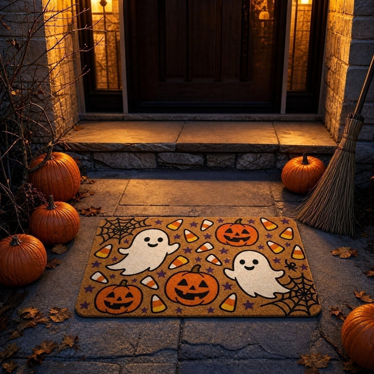 OutmaxHome Halloween Theme Cute Ghost Print Doormat, 15.8x23.6 Inch Non-Slip Absorbent Mat, Easy to Clean, for Front Door, Porch, Farmhouse