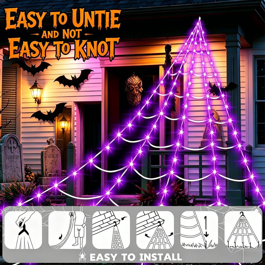 DAYBETTER Halloween Spider Web Lights, 5FT Giant Spider, 250 LED Holiday Lights, Remote Control Waterproof for Indoor Outdoor Yard Party Halloween Decorations (Purple & Orange)