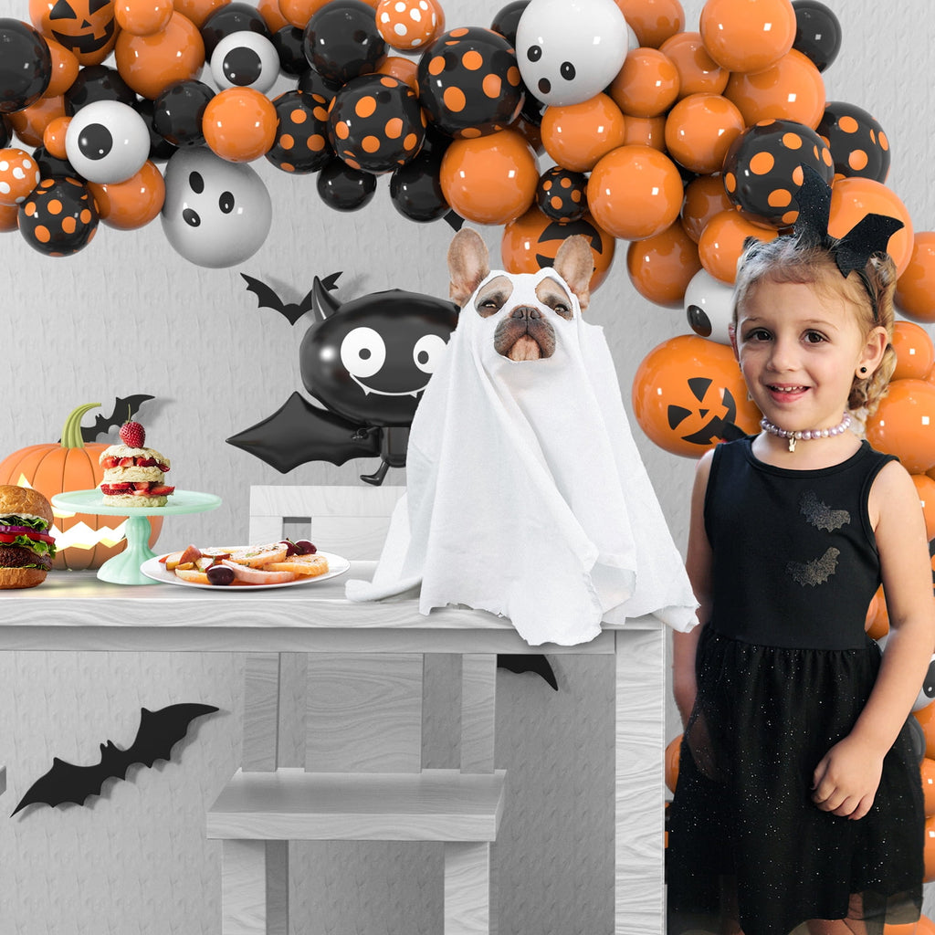 134Pcs Halloween Balloons Garland Kit, Black Orange Balloons Spider Balloons, Long Balloons, 3D Bat Sticker for Halloween Theme Party Background Classroom Decorations