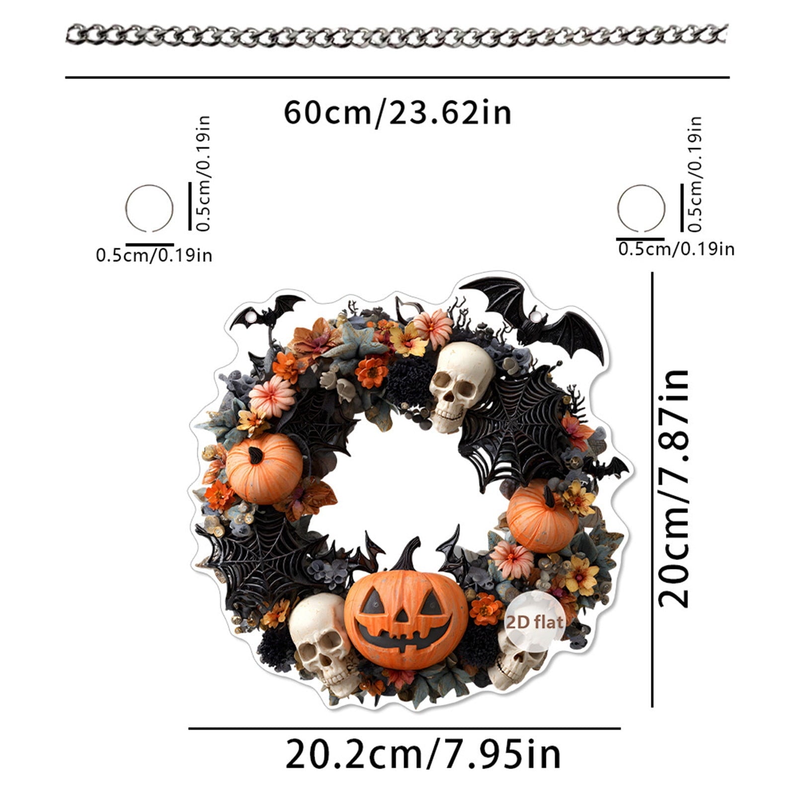 Btomtd Diameter 8" Pumpkin Skull Wreath Halloween Decor Acrylic Round Disk Hanging Ornament with Garland for Front Door Window, B