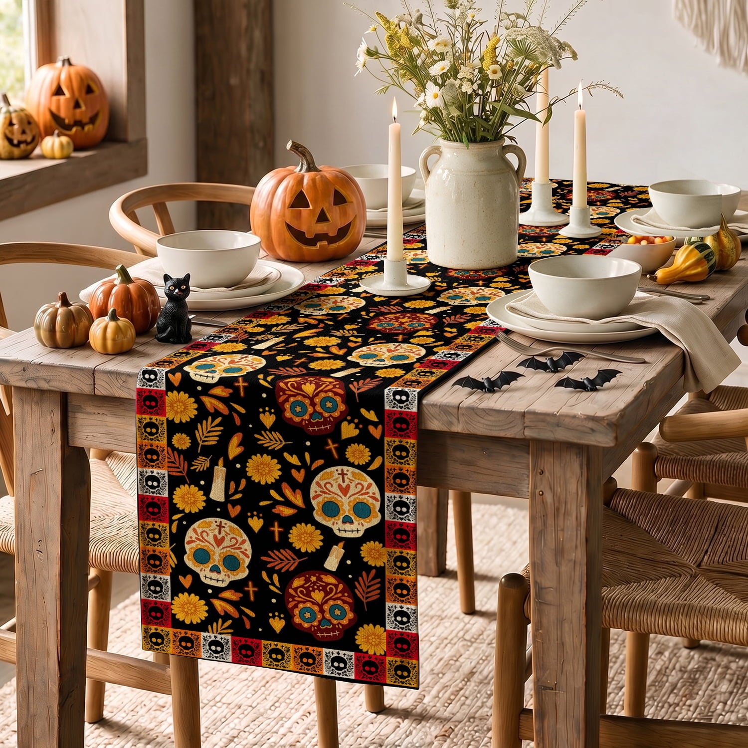 Sm:)e Halloween Table Runner Ghost Pumpkin 13x72 Inch, Halloween Party Kitchen Dining Indoor Outdoor Decorations,Orange