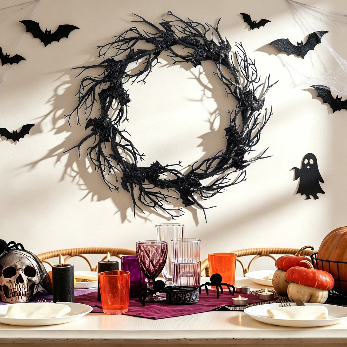 AGCAN Halloween Wreaths for Front Door, 17 Inch Pre-Lit Halloween Wreaths with Bats & Deadwood, Halloween Decorations for Door,Porch,Window,Indoor and Outdoor Decor