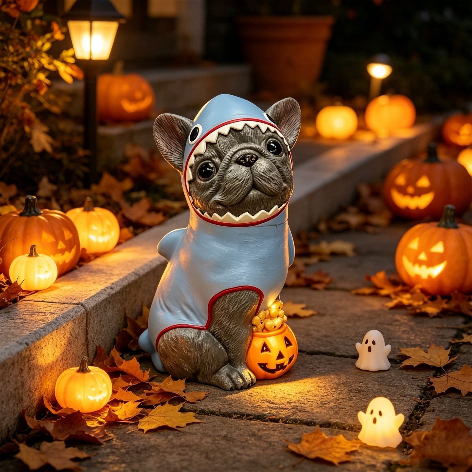 Halloween Dog Greeter - Frenchie 7.9in Resin Witch Dog with Light-Up Pumpkin, Spooky Fall Decor, Indoor Outdoor Tabletop Decoration