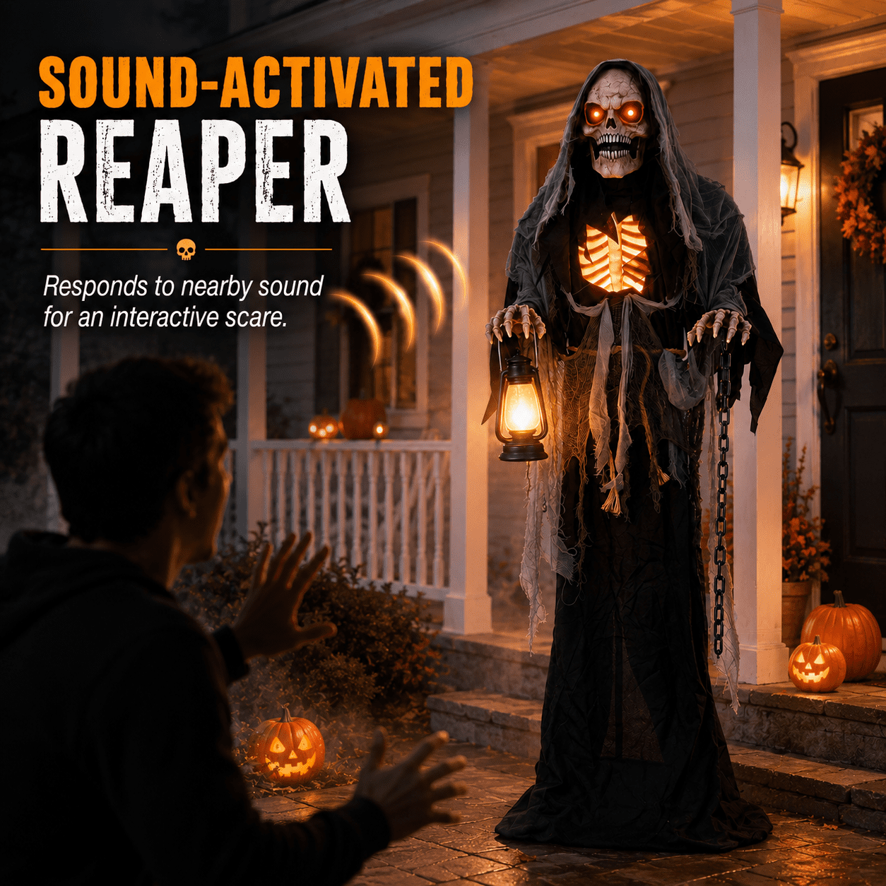 Romswi Halloween Decorations 5.5ft Standing Grim Reaper Animated with Light Up Eyes and Sound-Activated for Spooky Yard Garden Decor
