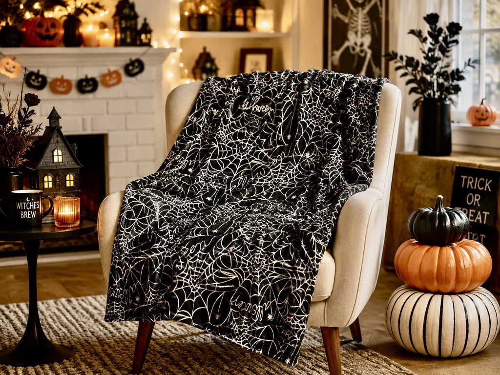 Serafina Home Halloween Throw Blanket: Fuzzy Boo! Jack O'Lantern Spider Webs Skull and Black Cats Print on Velvet Fleece for Sofa Bed Couch Chair Dorm