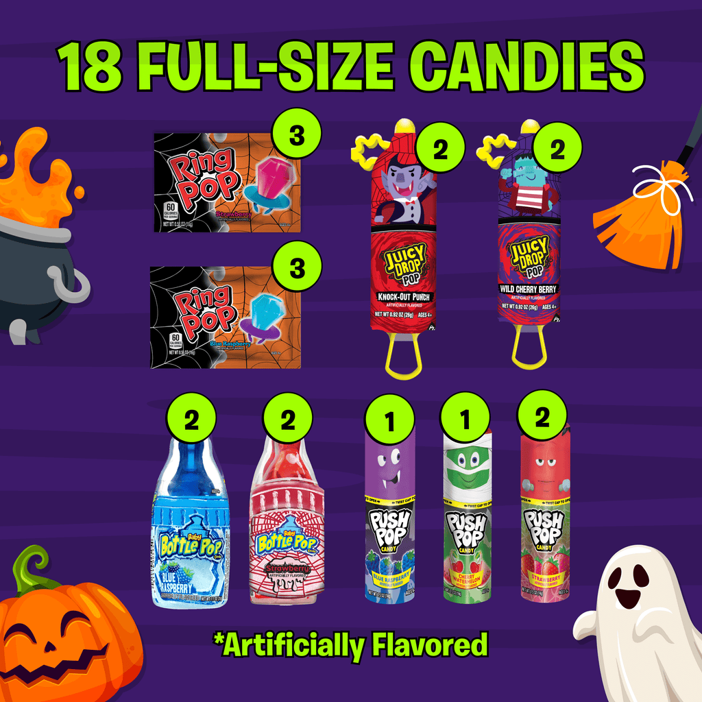 Halloween Ring Pops, Juicy Drop, Baby Bottle, Push, Assorted Flavor Lollipops, Variety Pack, 12.4 oz, 18 Count Box