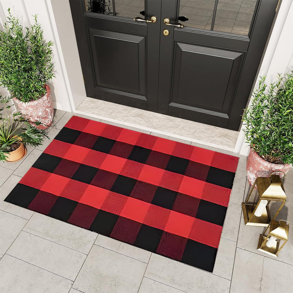 Taicans Fall Outdoor Rug,Buffalo Plaid Rug Red & White Striepd Rug Front Door Mat Halloween Thanksgiving Fall Autumn Home Decor,Welcome Doormat for Front Door,Farmhouse Decor,23.6 x 15.7 Inch