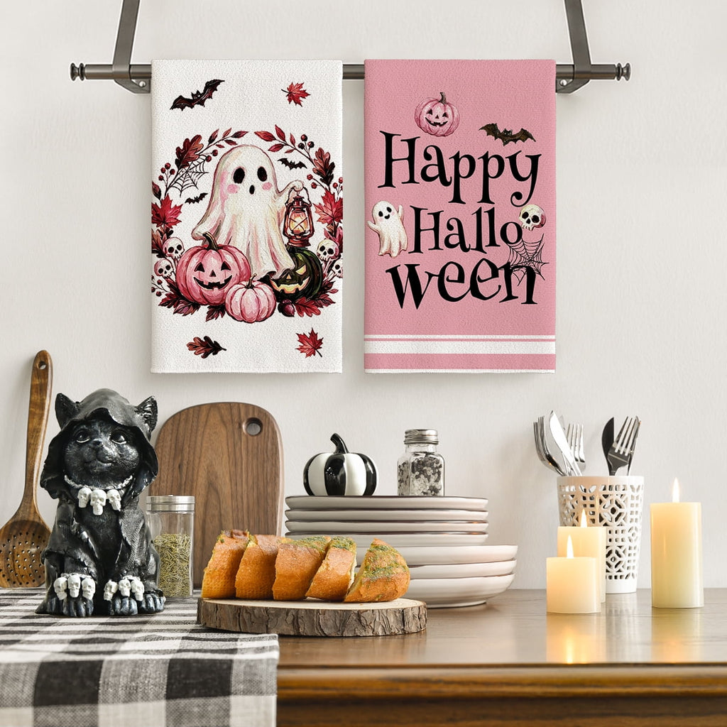 Sm:)e Pumpkin Ghost Bat Happy Halloween Dish Towels Set of 4, 18x26 Inch, Seasonal Holiday Hand Towels for Kitchen and Dining Table