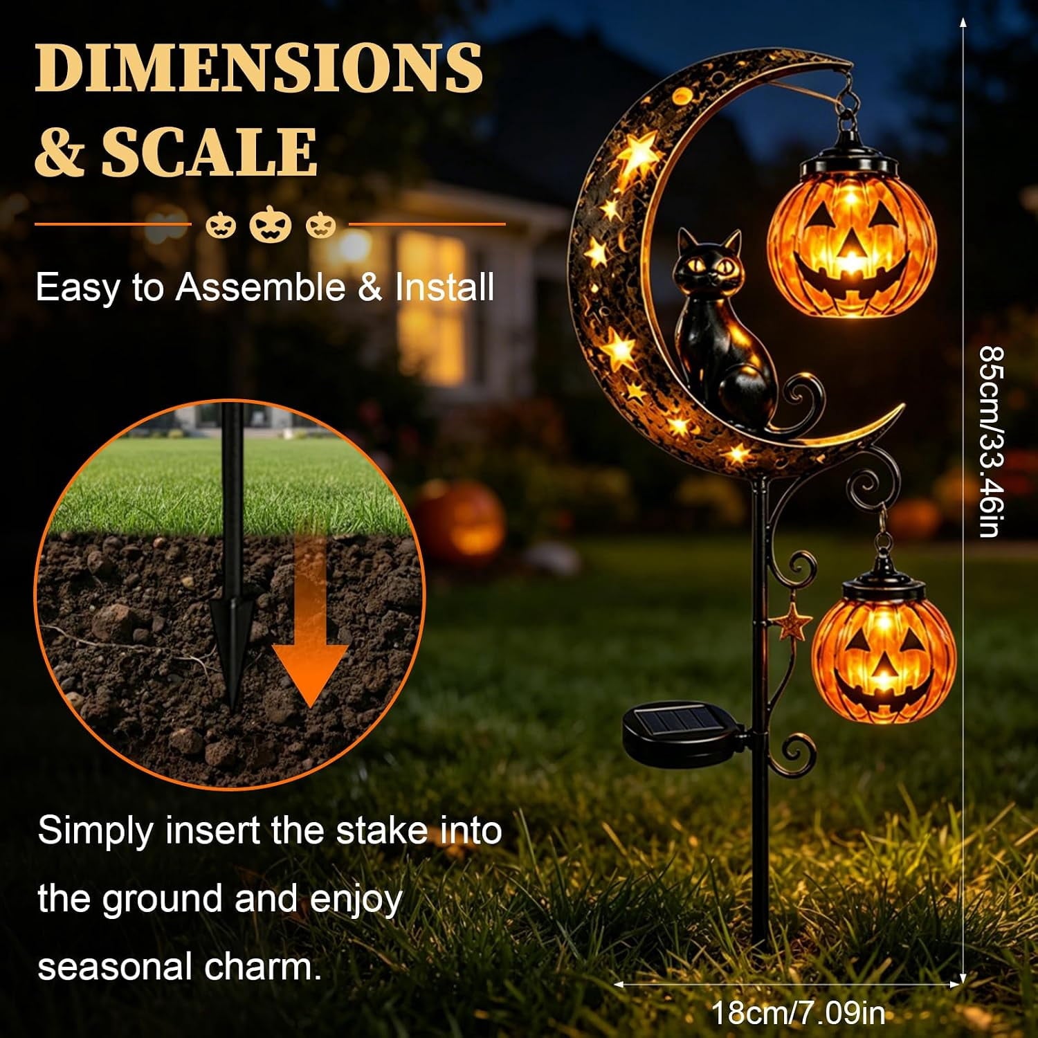 Solar Halloween Black Cat & Pumpkin Moon Garden Stake Light | Waterproof Metal Black Cat Yard Ornament, Auto On Off Solar Outdoor Light, Fall Halloween Decor Stake for Lawn Patio Pathway