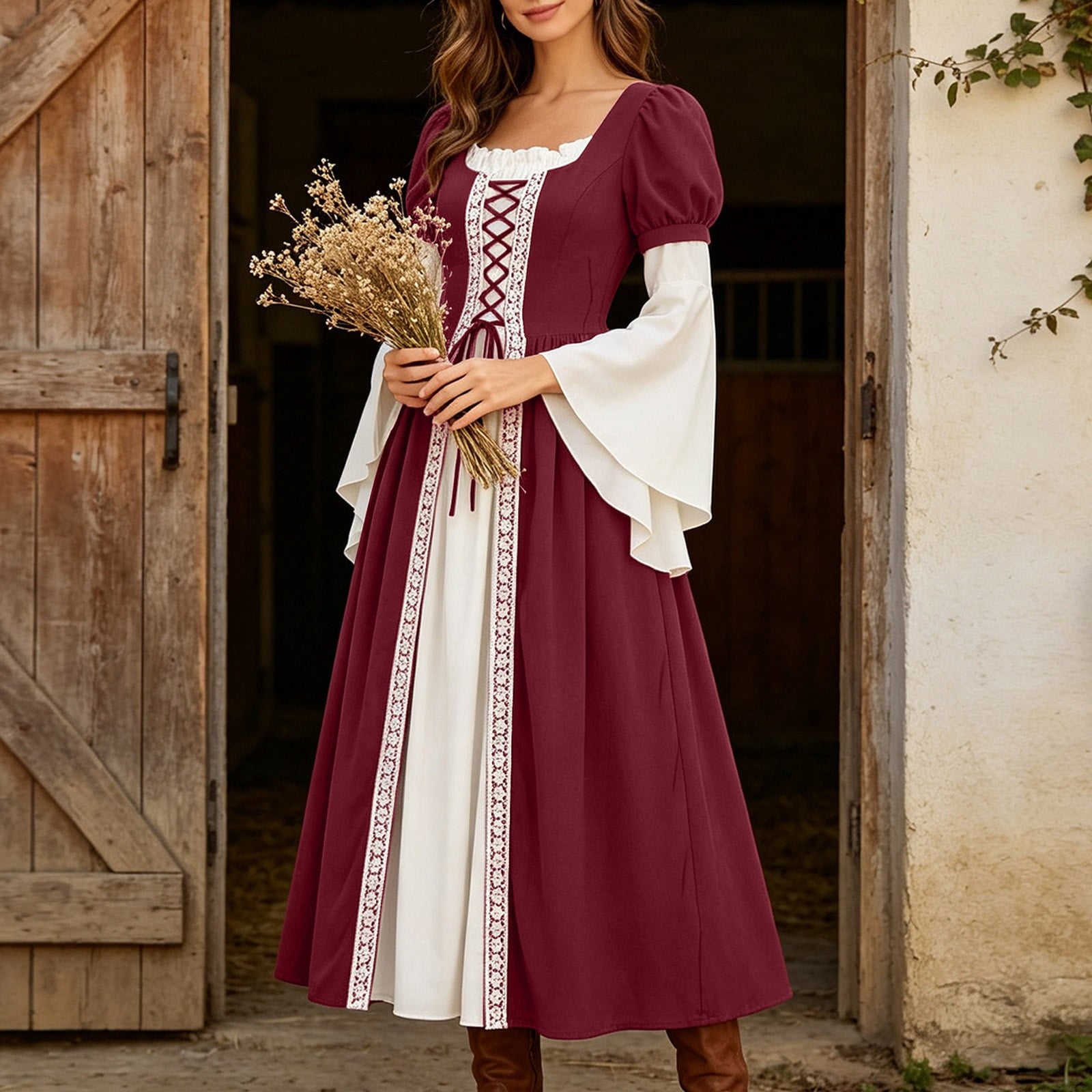 Hurxie Renaissance Costume Women Peasant Medieval Dress Maxi Fairy Dresses with Bell Sleeve Vintage Ren Faire Outfit