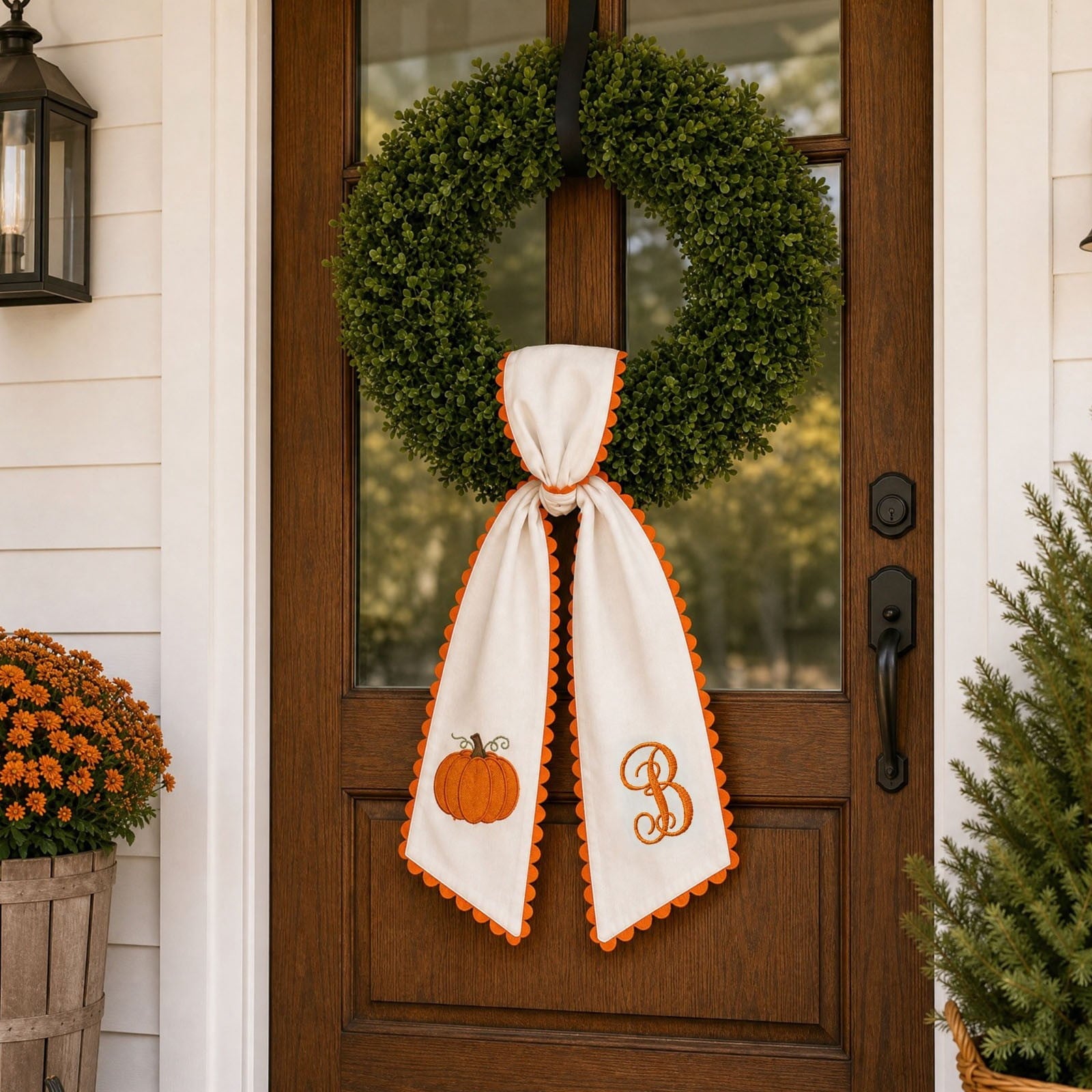 Pumpkin Embroidered Wreath Sash, 50 x 5 inch Orange Scalloped Lettered Ribbon for Halloween, Thanksgiving, Front Door, Seasonal Garland and Fall Home Decor, W