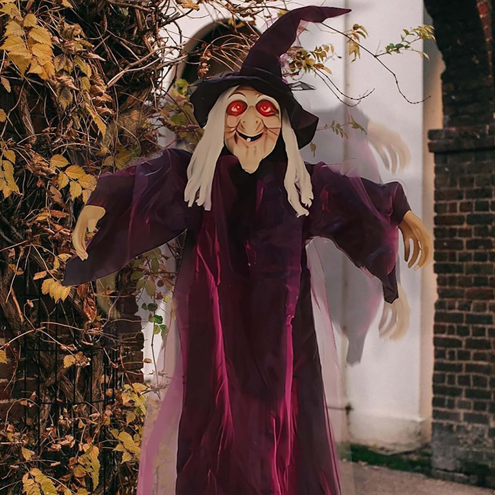 DAMAI 5.9 FT Hanging Witch Halloween Decorations Outdoor,Hanging Witch Halloween Decor,Giant Animated Standing Talking Witch with Red Eyes,Flying Witch Standing Decor for Haunted House Props