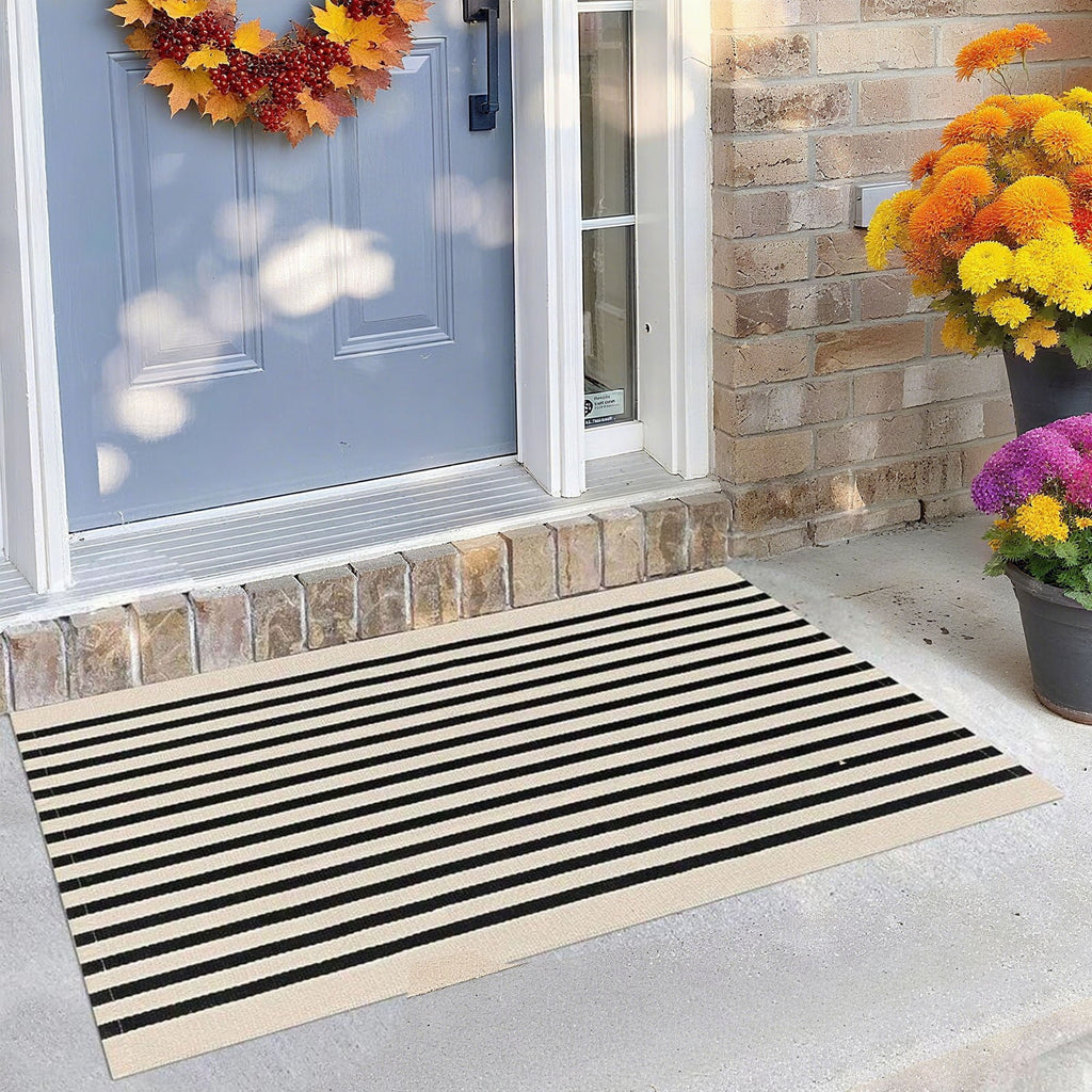 Fall Front Door Mat 15"x24", Black and Khaki Striped Layered Door Mat Outdoor, Washable Farmhouse Front Porch Rug Halloween Thanksgiving Decorations, Cotton Hand Woven Entryway Rug