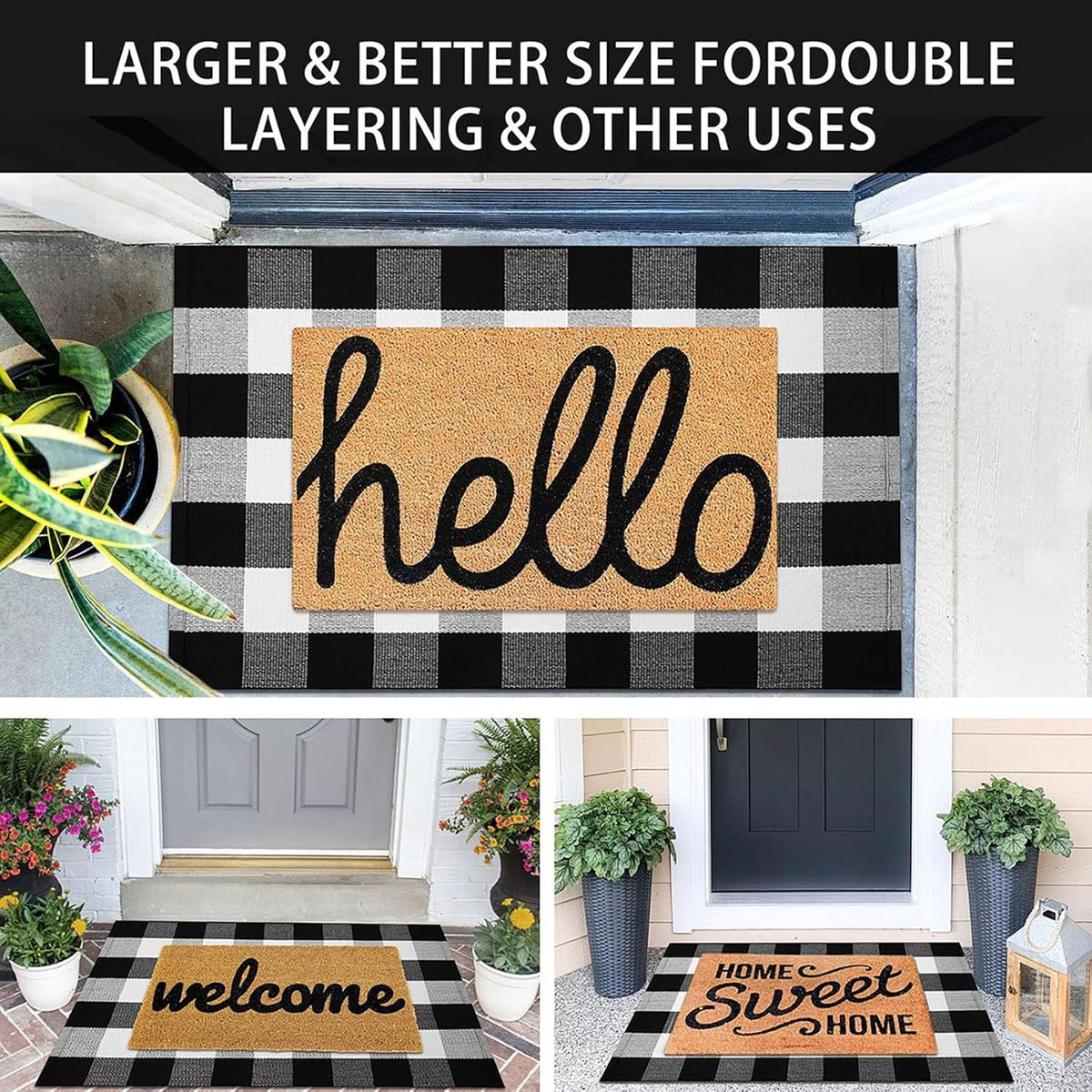 HearthHarmony Buffalo Plaid Area Rugs 2x3 Ft Brown and Black Checkered Rugs Washable Front Door Mat Hand Woven Cotton Outdoor Small Rug for Front Porch Kitchen Entryway Patio Bathroom