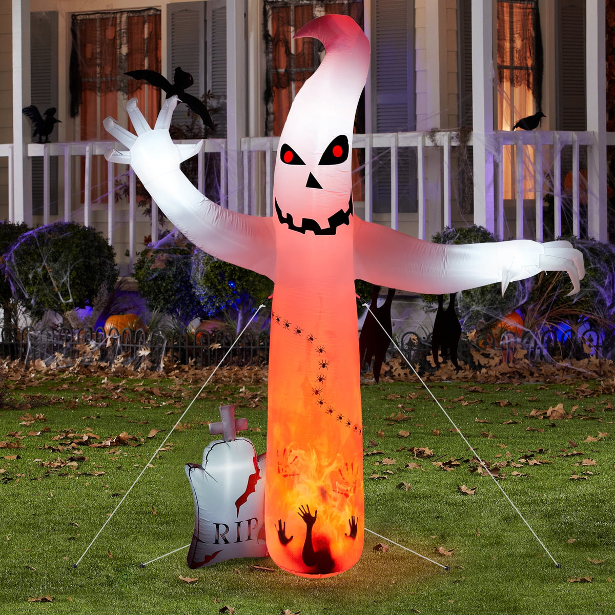 5.7FT Inflatable Halloween Inflatable Crawling Green Ghost with Tombstone Built-in LED Lights Inflatable LED Lights Blow Up Yard Decoration