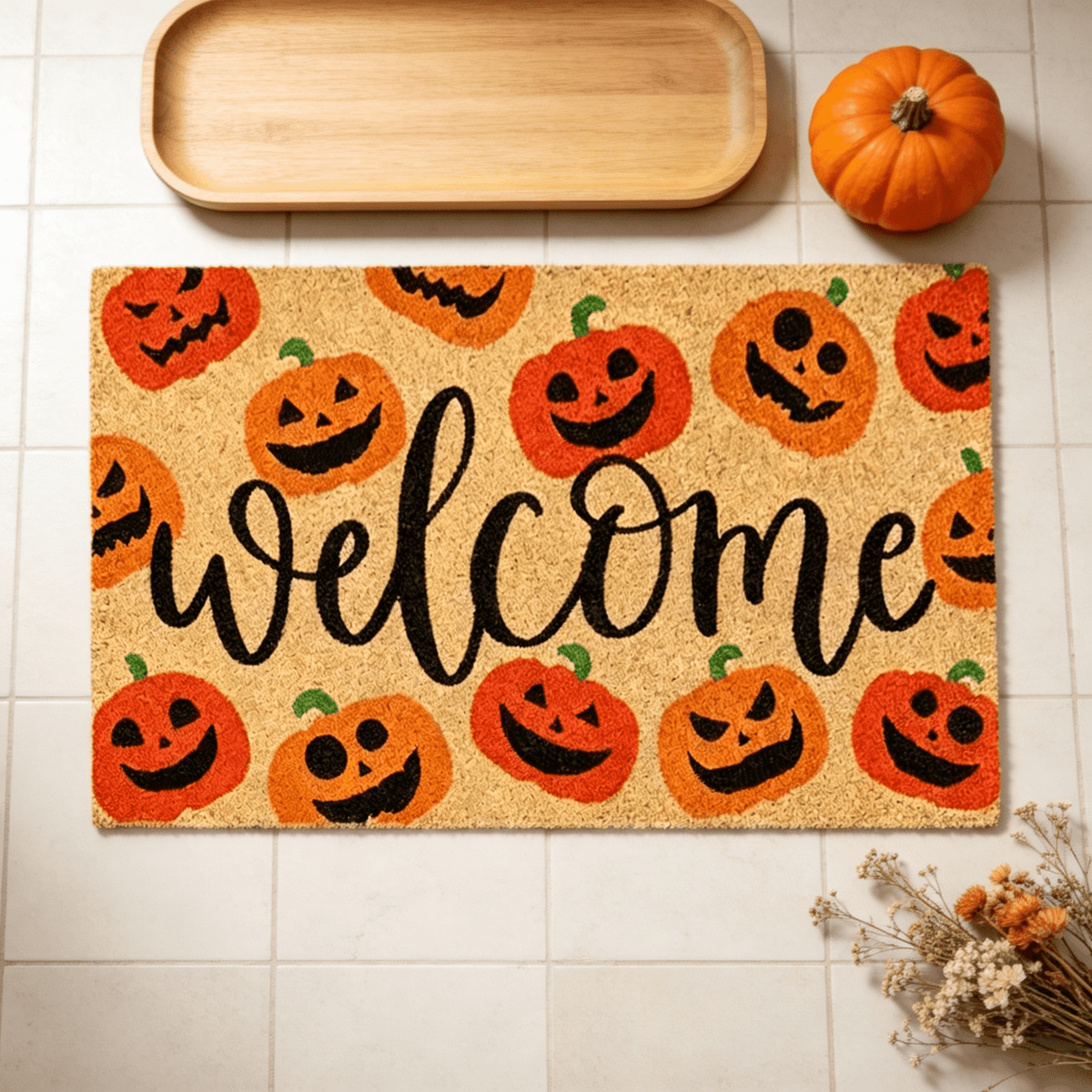 Halloween Pumpkin Welcome Door Mat, Funny Durable Non Slip Decorative Rugs for Bathroom Bedroom Kitchen Front Door