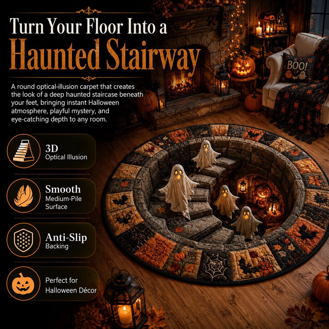 Halloween Staircase Optical Illusion Round Rug, Spooky 3D Floor Mat with Ghosts Pumpkins, Soft Non-Slip Carpet for Living Room Entryway – 4 Sizes