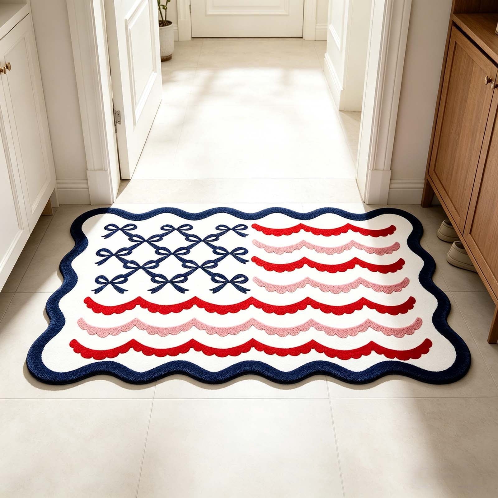 Clearance! 4th of July USA Bow Flag Bath Rugs, 24"x16" Red White Blue Decorative Bathroom Mat, Independence Day Embroidered Patriotic Lumbar Decor, Gift for Mom Dad Friend Family