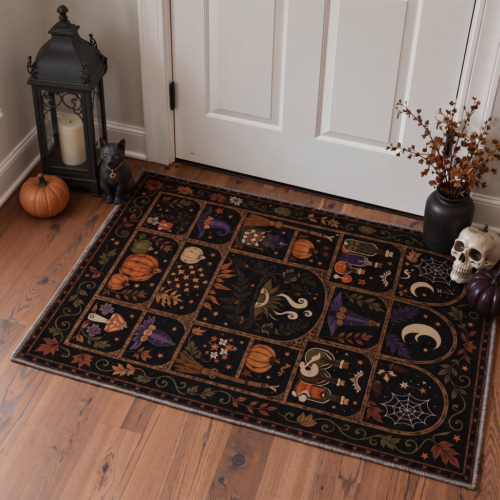 GENIMO 2'x7' Halloween Runner Rug, Washable Non Slip Soft Vintage Witch Indoor Outdoor Hallway Runner for Porch Patio Kitchen Entryway, Vintage Black