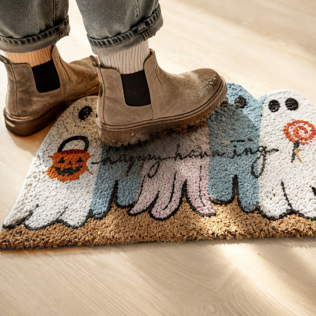 Halloween Ghost Shaped Entrance Doormat - Spooky Decorative Floor Mat Front Door Entry Rug for Porch Indoor Outdoor Home Door Decoration