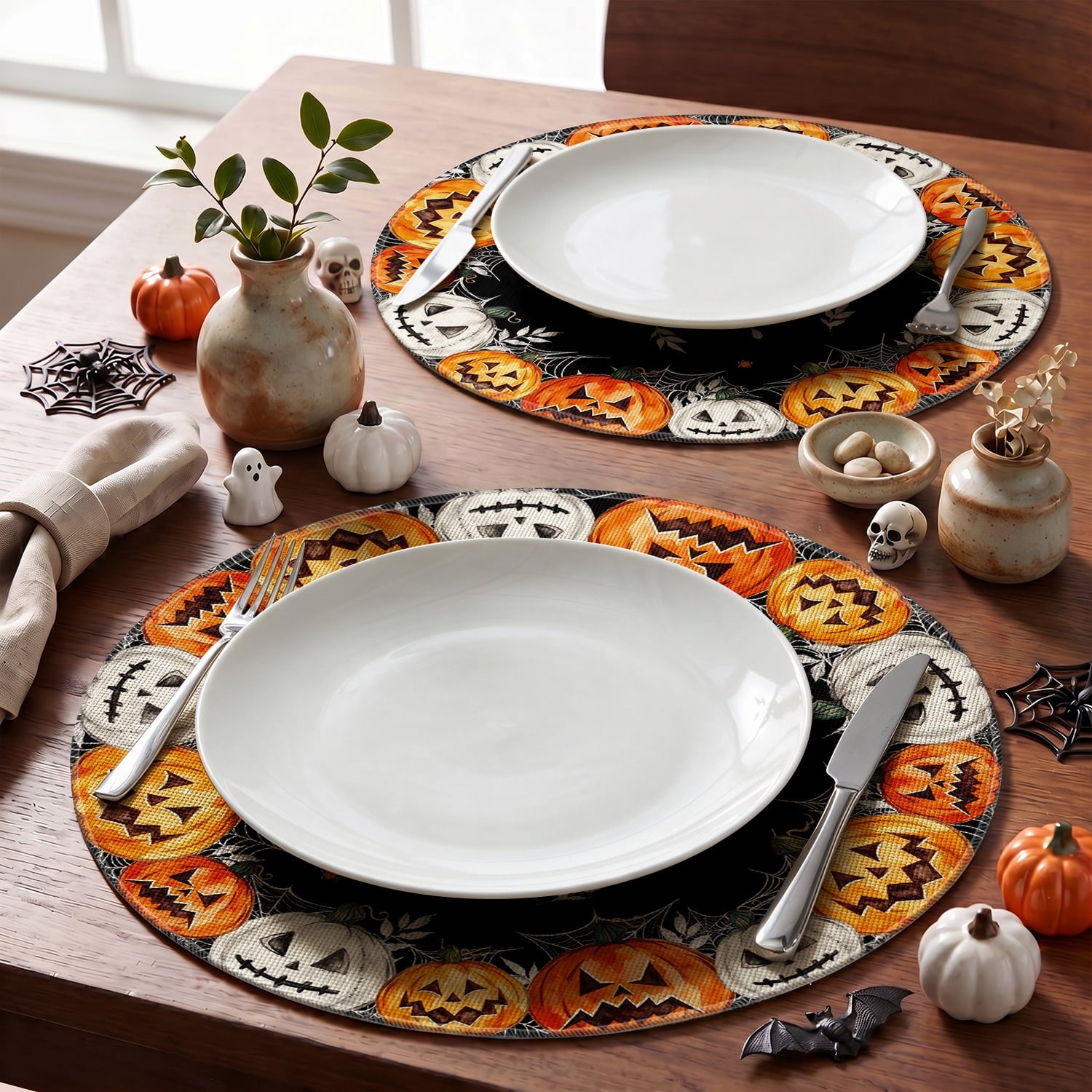 Smile Jack-O'-Lantern Spider Web Halloween Table Placemats Set of 4 Round 15 Inch Black