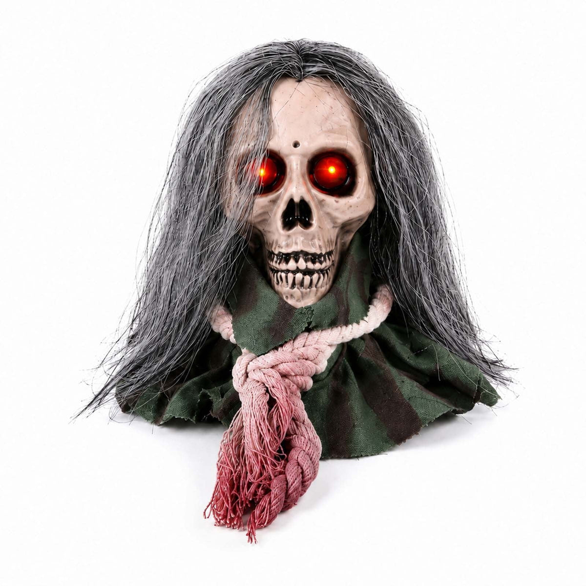 Animated Walking Skull Head with Light-Up Red Eyes Creepy Moving Halloween Prop with Long Grey Hair Horror Music Motorized Resin Decoration for Party Yard Indoor Outdoor Spooky Decor Gift