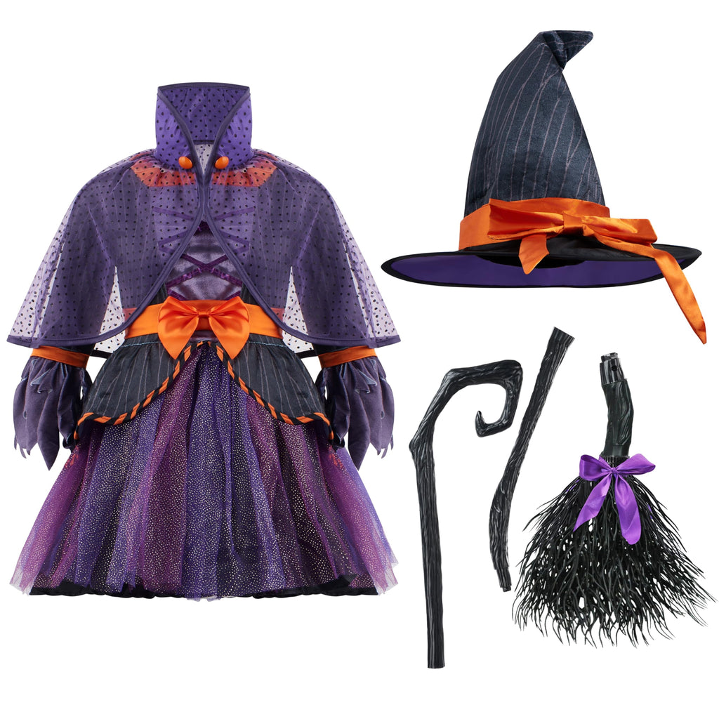Joyfy Witch Costume for Girls, Purple Witch Dress with Broom Hat for Kids and Toddlers Halloween Dress up Parties
