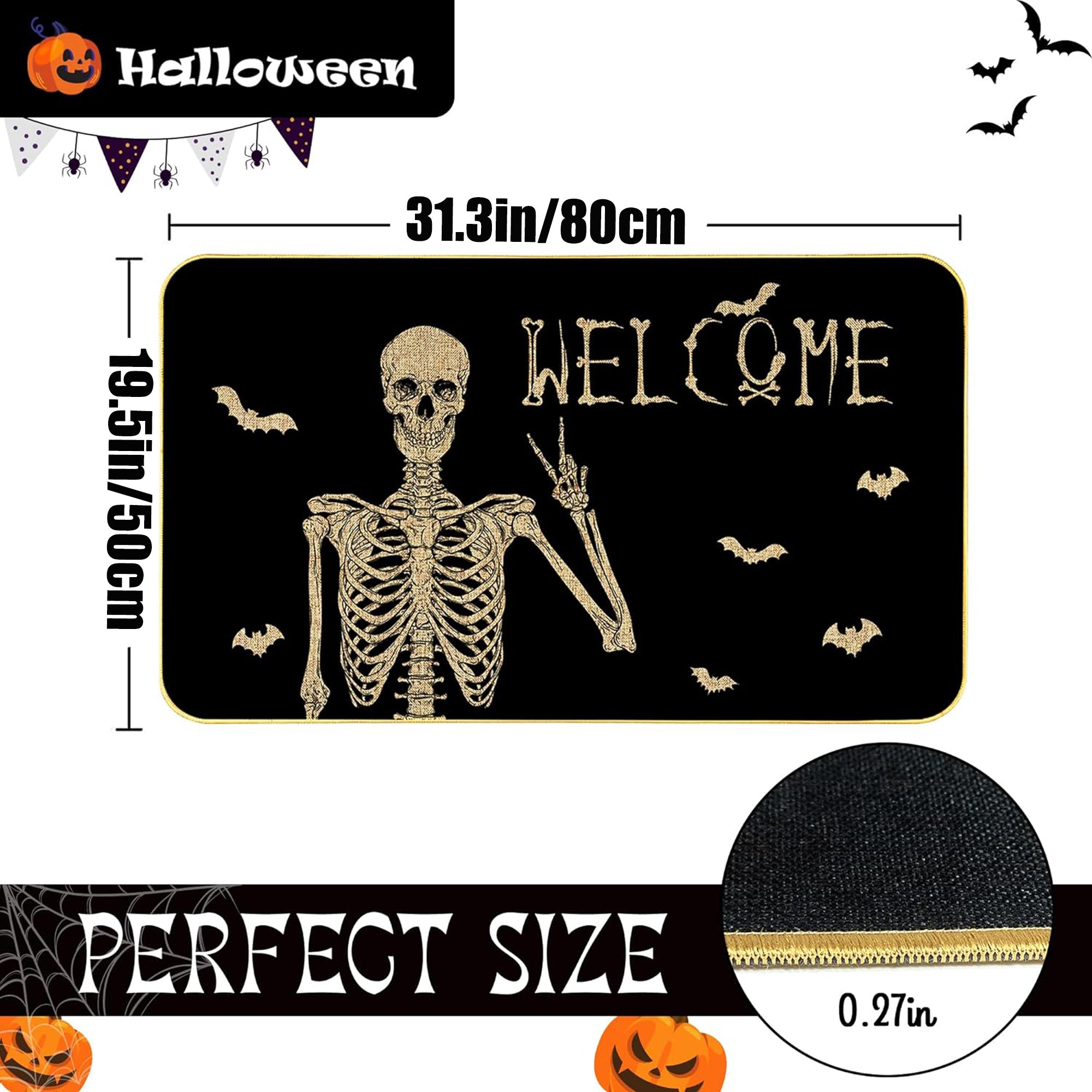 ASKETAM Halloween Doormat Indoor/Outdoor Non-Slip Carpet 19.5" x 31.3" (Happy Skeleton Bat)