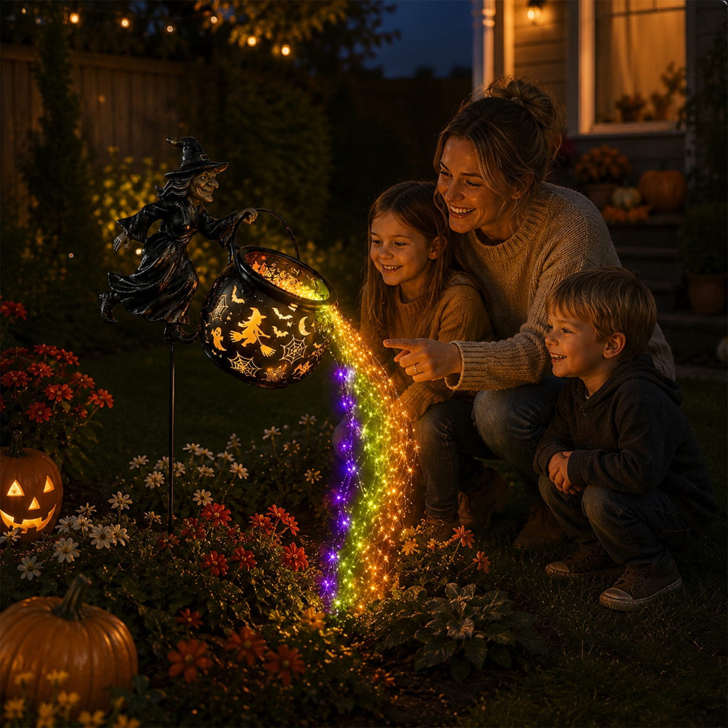 Halloween Witch Cauldron Garden Light, Solar Powered Halloween Projector Outdoor Decoration with Flying Witch and Lighted Cauldron, Witch Light Stake for Lawn Garden Porch Yard Decor, Style D