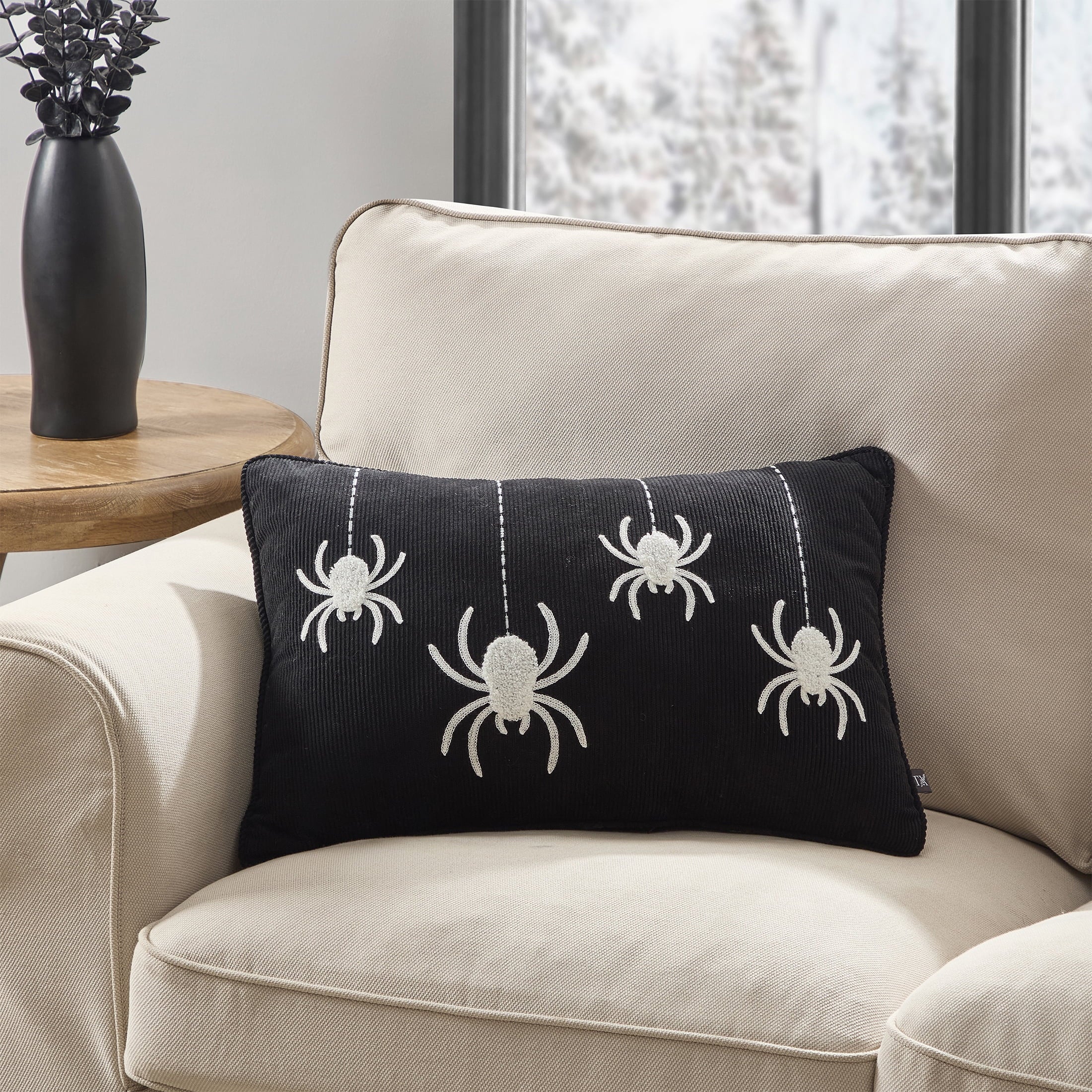 My Texas House Halloween Hanging Spiders Oblong Decorative Pillow, Black and Ivory, 14" x 20"