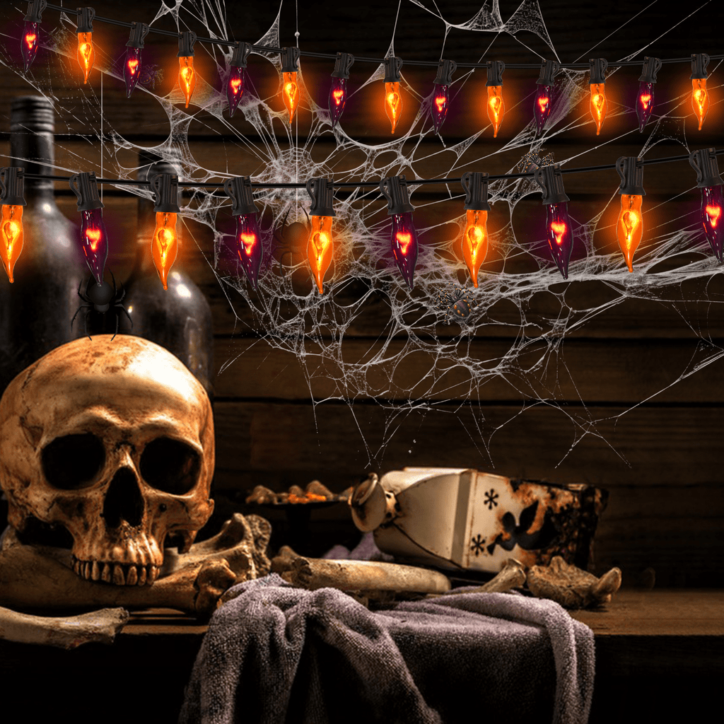 12.8Ft Christmas Lights Flickering Flame String Lights with 12 Pack Clear C7 Flame Light Bulbs（2 Spare）, Great for Indoor Outdoor Home Patio Party Christmas Decorations Lights, 1W, E12 Base