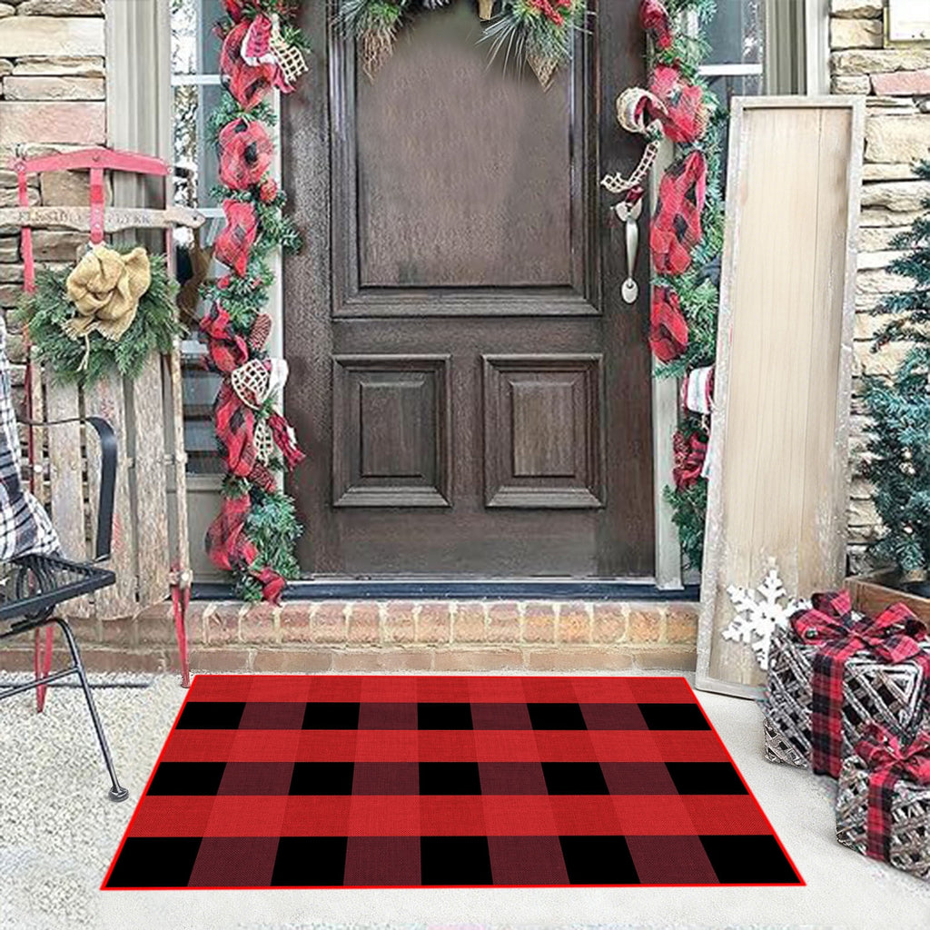 Orange Plaid Fall Outdoor Mat, Hand-Woven Porch Rug for Thanksgiving Halloween Door Decor