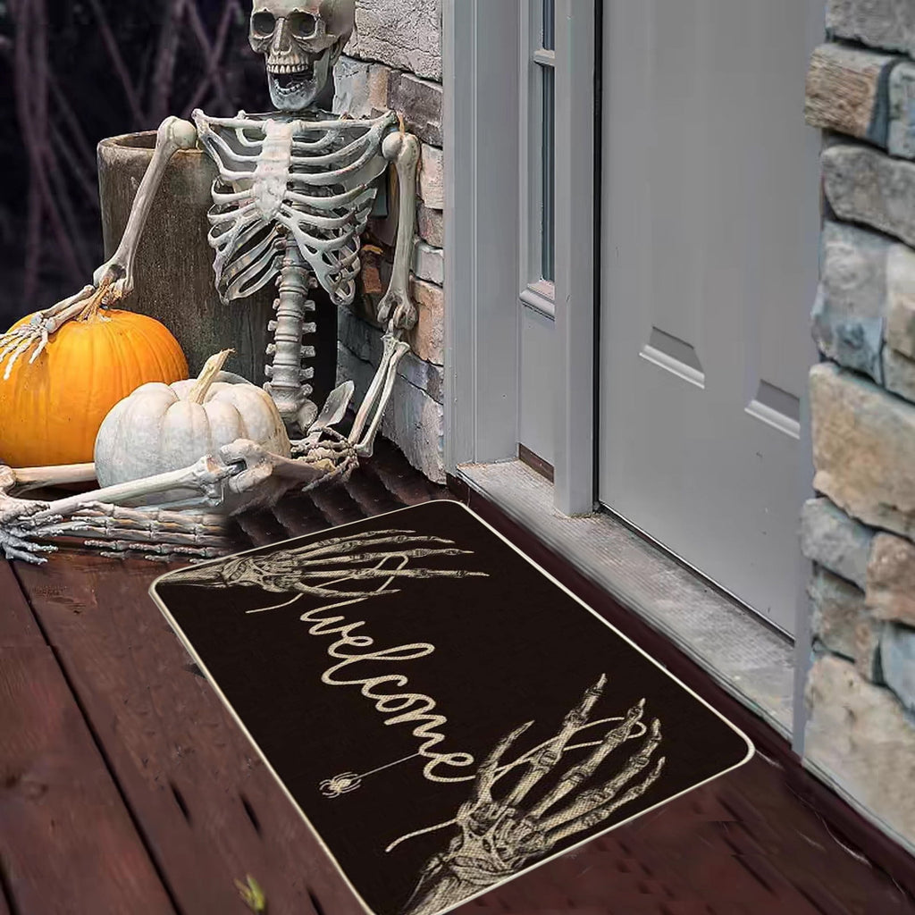 Halloween Skull Doormat Rug Indoor Outdoor,Skeleton Trick Or Treat Black Doormat Fall Door Mat Welcome Anti-Slip Front Entrance Holiday Seasonal Decoration 16 X 24 Inch