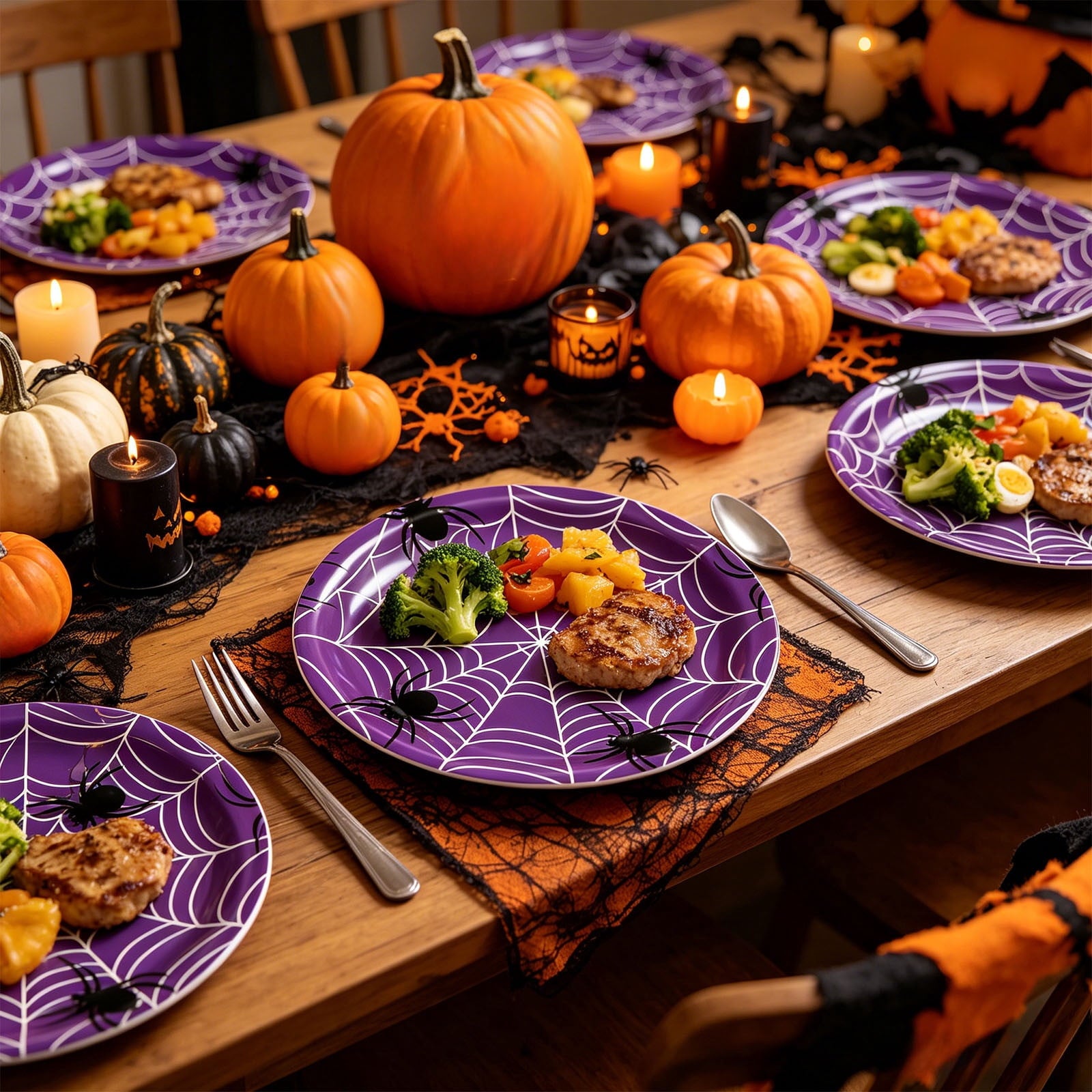24 Pack Halloween Disposable Tableware Set, Spider and Cobweb Pattern Paper Plates, Halloween Party Supplies Favors
