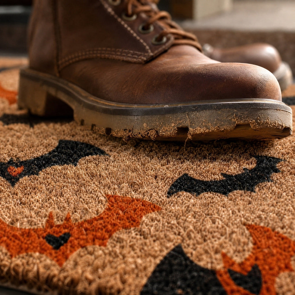 Halloween Heart Print Doormat 60x40cm, Black Orange Spooky Entry Mat for Front Door, Non-Slip Indoor Outdoor Rug
