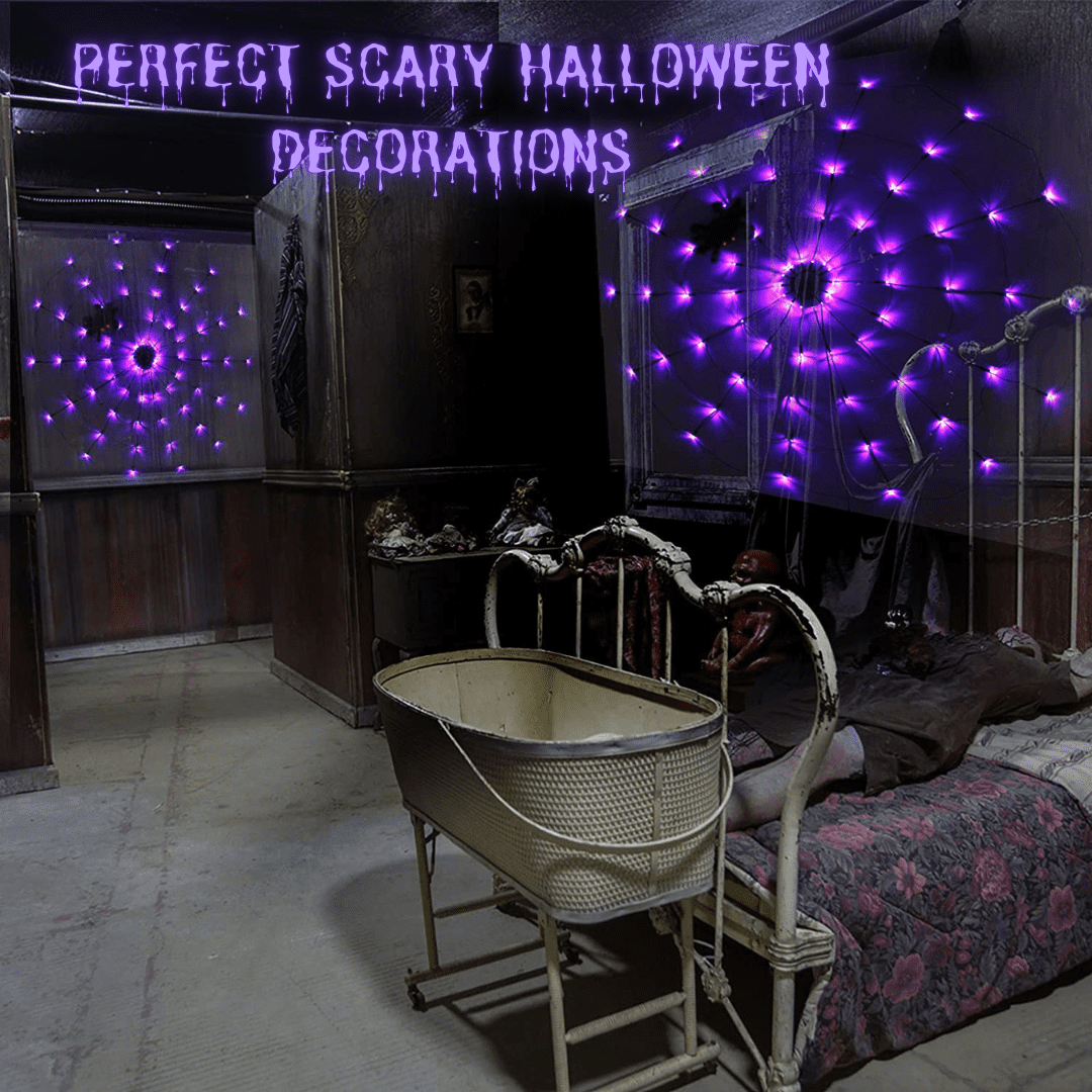 Halloween Decorations Spider Web Lights,4FT Diameter 70 LED with Black Spider, Waterproof Net Lights, Remote Control, 8 Modes Cobweb Halloween Decorations for House Garden Indoor Outdoor (Purple)
