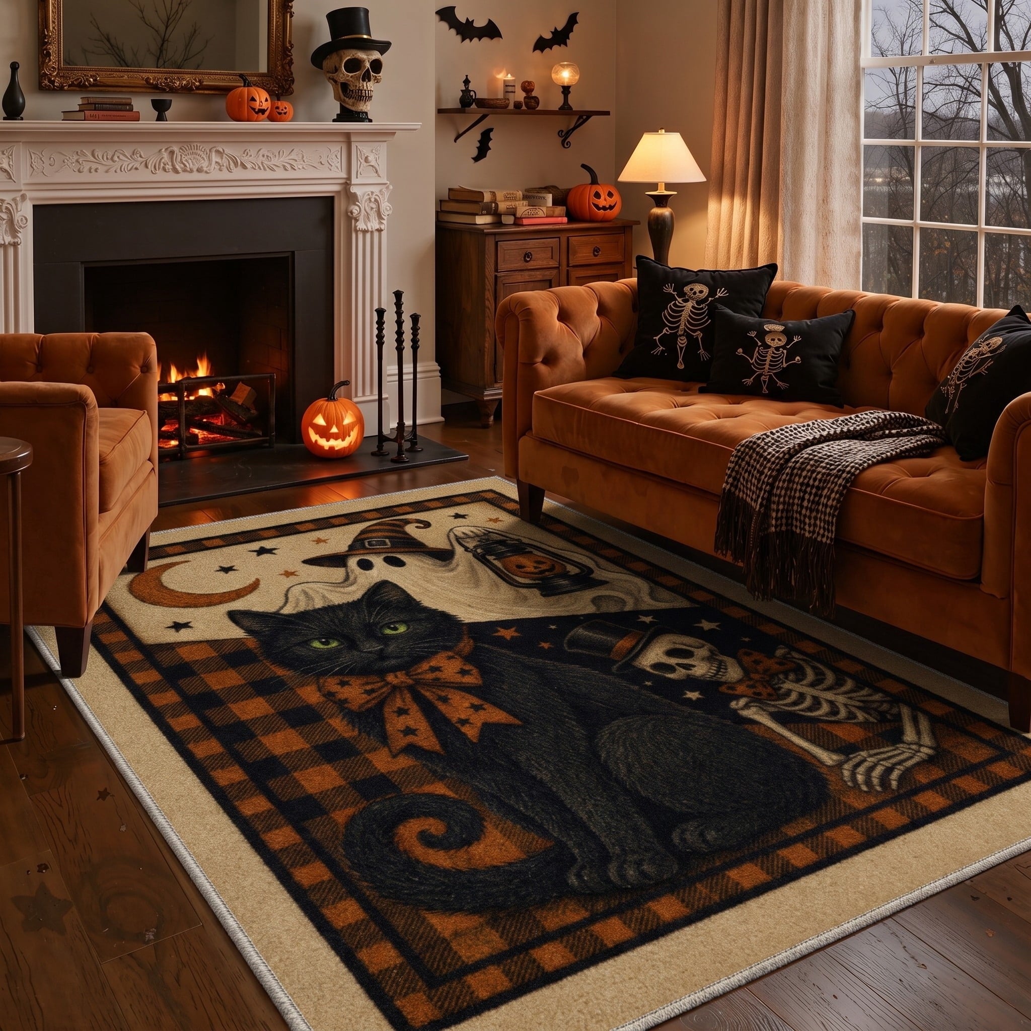 GENIMO 2'x7' Halloween Runner Rug, Washable Non Slip Soft Gothic Raven Indoor Outdoor Hallway Runner for Porch Patio Kitchen Entryway, Rust Orange