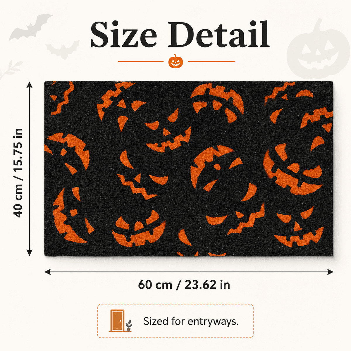 Doormat with Black and Orange Pumpkin Face Pattern, Durable Fiber Material for Outdoor Porch Front Door, Festive Halloween Decor,40 x 60 cm