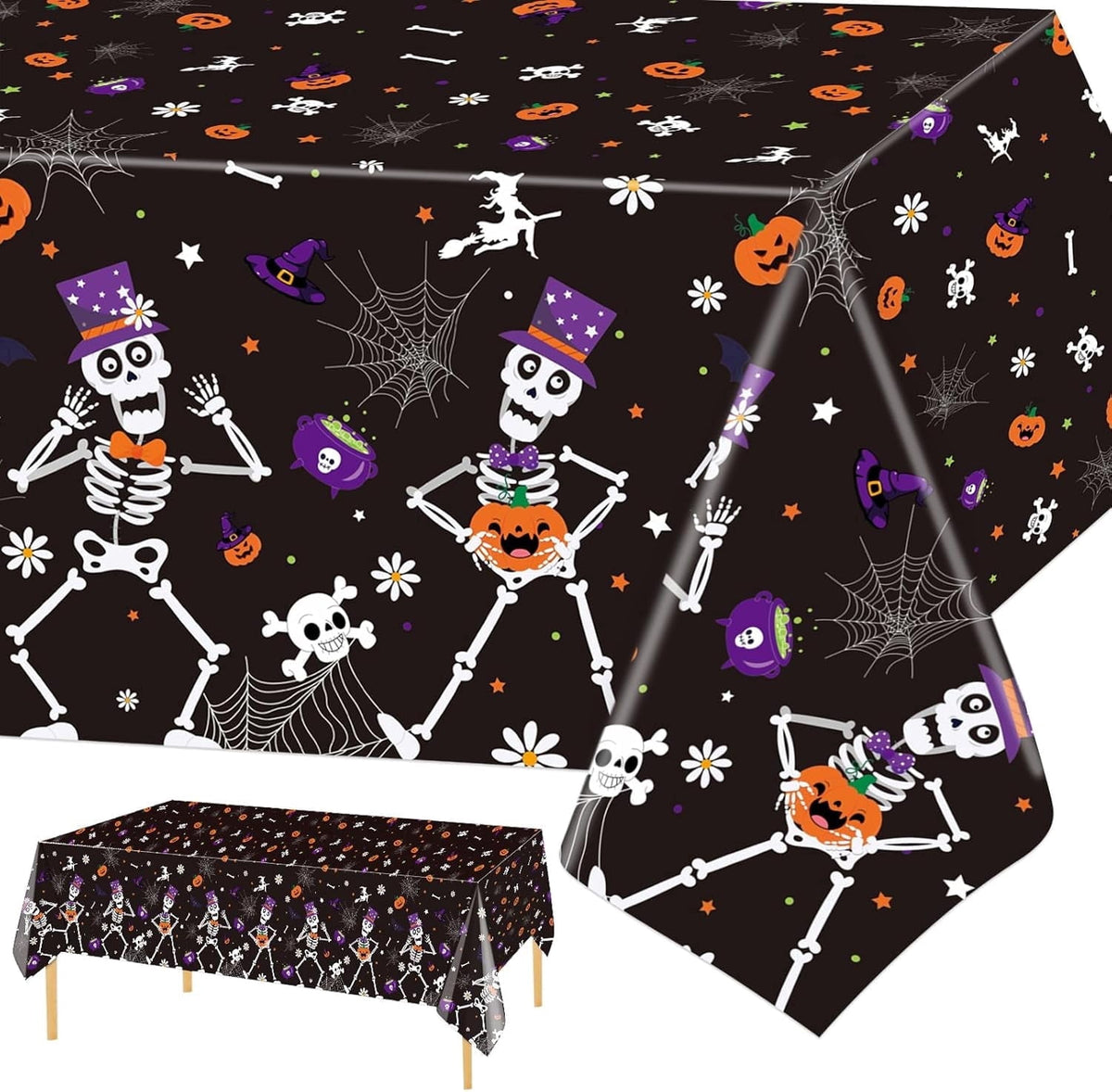 3 Pack Halloween Party Tablecloth 108 x 54 in, Halloween Dancing Skeleton Plastic Table Cover for Halloween Decorations Favors Supplies Indoor Outdoor Backdrop Banner