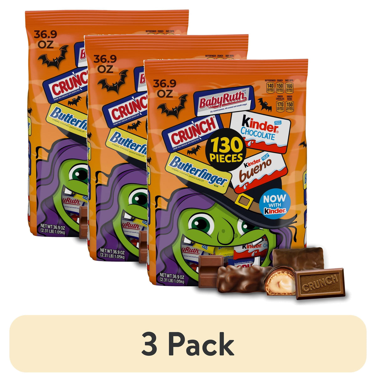 (3 pack) Butterfinger, CRUNCH, Baby Ruth & More Halloween Candy Chocolate-y, 36.9 oz