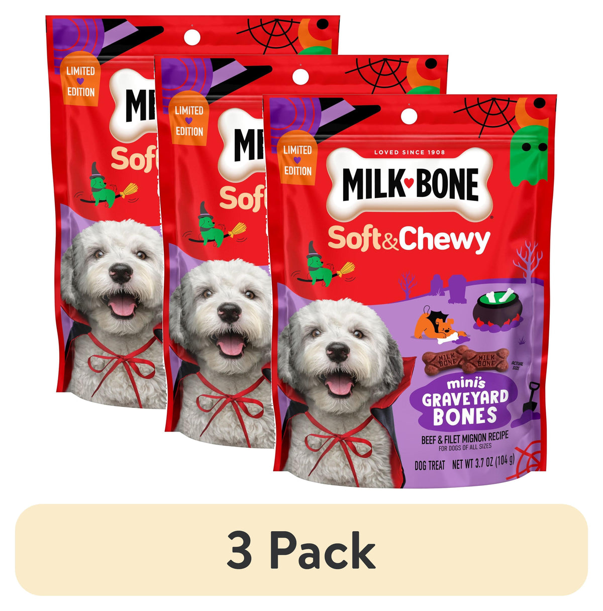 Milk Bone Soft & Chewy Mini’s Graveyard Bones, Halloween Dog Treats, Beef & Filet Mignon Recipe, 3.7 oz Bag