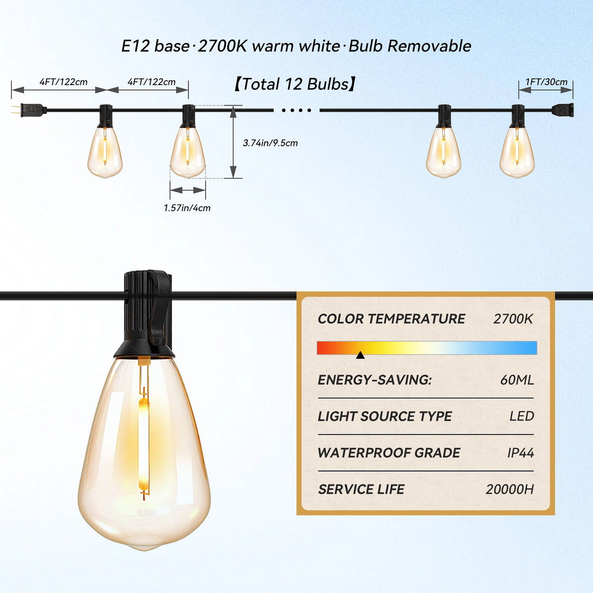 DAYBETTER 100ft Solar Outdoor String Lights, with 24 Shatterproof Bulbs, ST38 Waterproof Hanging Lights, Outdoor Solar Lights for Yard, Patio