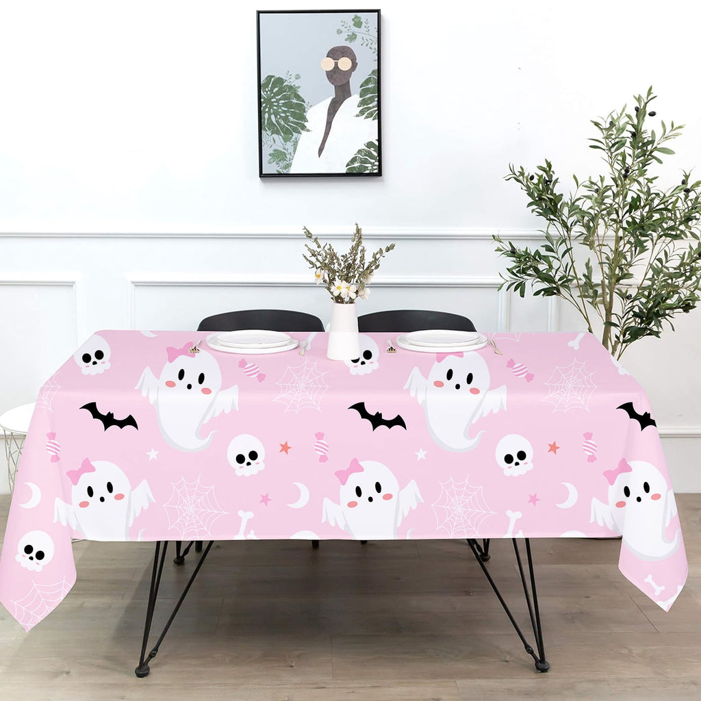 BrandName 1PC Pink Halloween Themed Tablecloth 9.0 x 4.3 ft Halloween Party Table Cover Ghost Bat Skull Spider Web Print Disposable Style Table Decoration for Indoor Outdoor Celebration Supplies