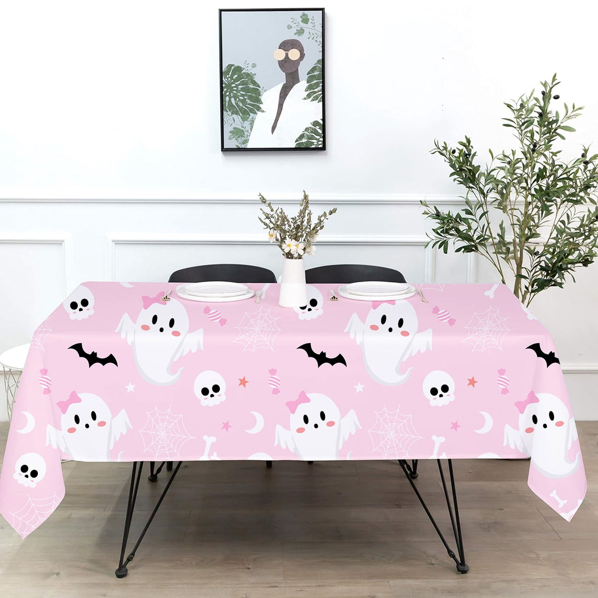 BrandName 1PC Pink Halloween Themed Tablecloth 9.0 x 4.3 ft Halloween Party Table Cover Ghost Bat Skull Spider Web Print Disposable Style Table Decoration for Indoor Outdoor Celebration Supplies