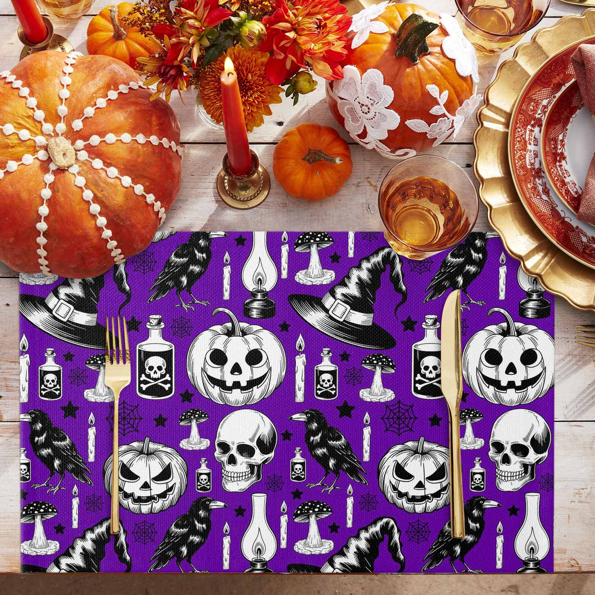 Halloween Placemats Set of 4 Crow Skull Pumpkin Place Mats Fall Placemat Cobwebs Potion Candle Hat Purple Table Mats for Dining Kitchen Table Holiday Dinner Party Home Decorations 13x19 Inch