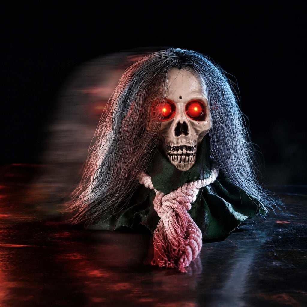 Moving Long Hair Hanging Skull Head Prop, Creepy Animated Halloween Skeleton Decor, Spooky Ornament for House, Party, Indoor Outdoor (Batteries Not Included)